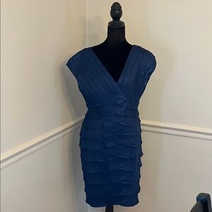 Adrianna Papell Navy Pleated Tiered V-Neck Sheath Dress
